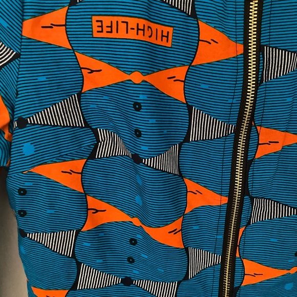 Vibrant Blue and Orange Trench Coat with Geometric Design - Picture 4 of 4